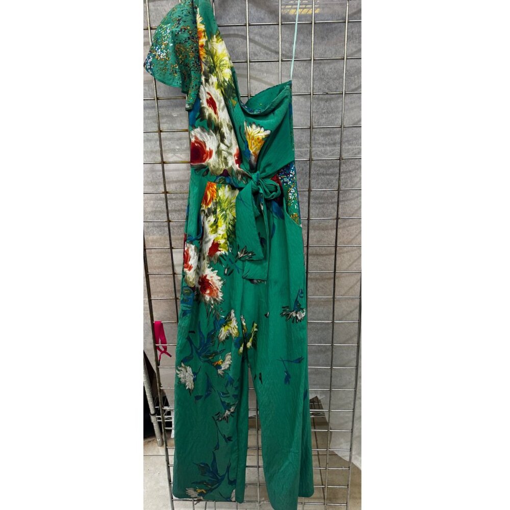 Eva Franco Anthropologie Garden Green Floral Wide Leg One-Shoulder Jumpsuit NWT - Picture 4 of 4